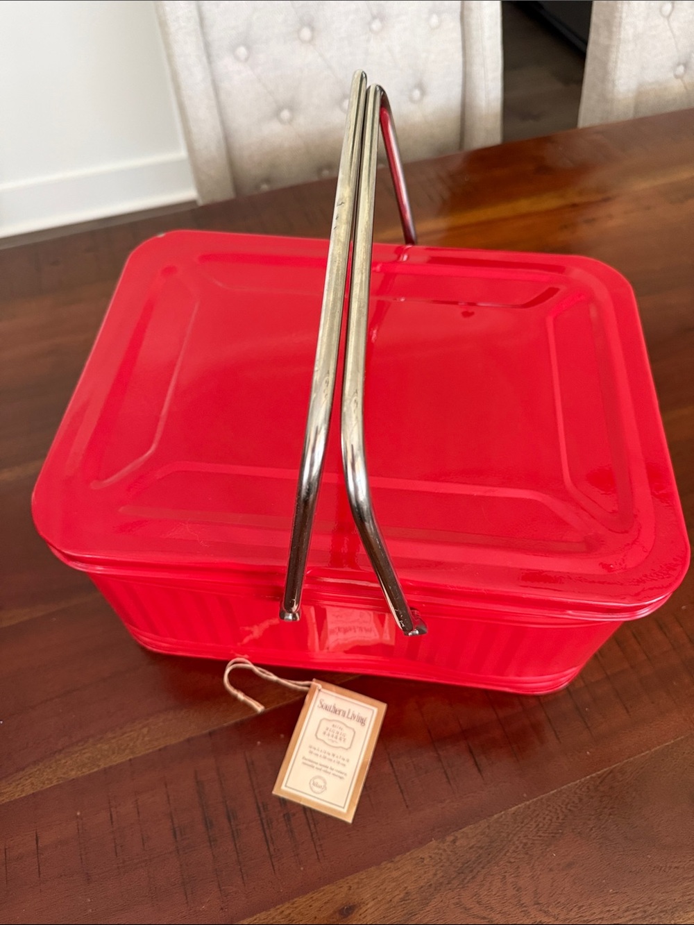 Southern Living Red Metal Picnic Basket w/ Chrome handles - Fun decoration